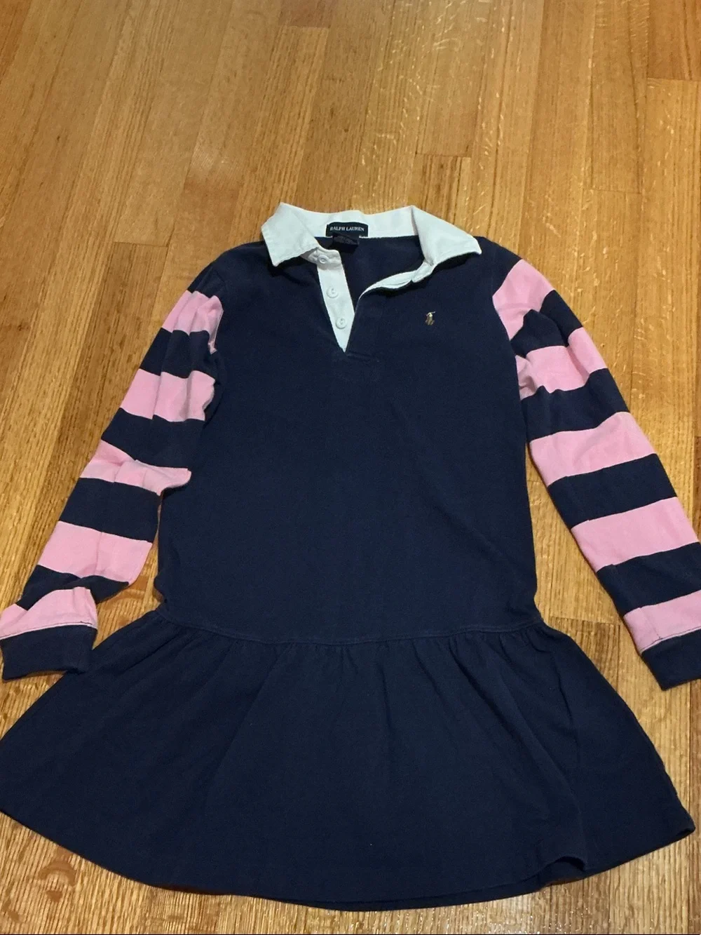 Ralph Lauren Navy Dress with Pink Striped Sleeves